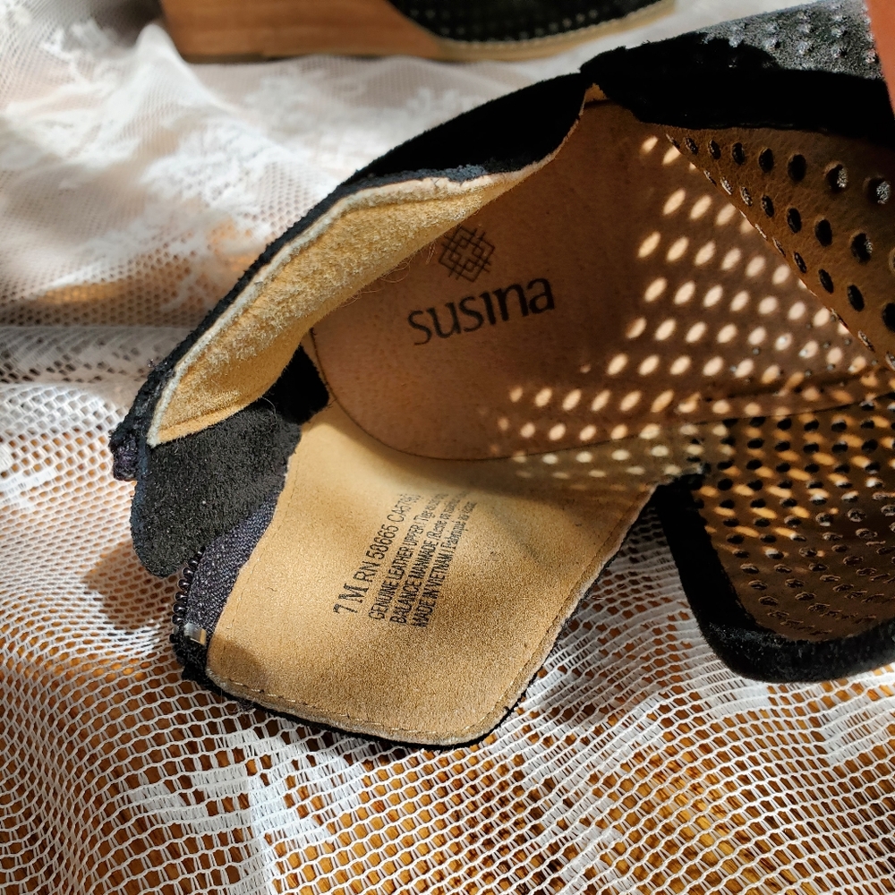 Susina Kinston Perforated Suede Peep Toe Wedge Bootie, Black - Picture 7 of 8